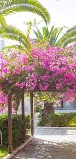 Wallpaper with palm trees and vibrant pink flowers in a tropical garden setting.