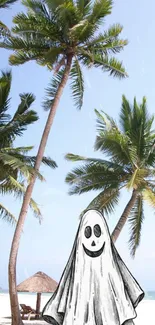 Whimsical beach scene with palm trees and a friendly ghost on a bright day.