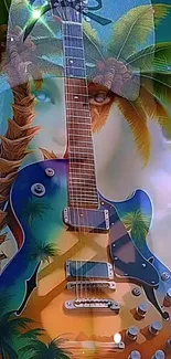 Colorful guitar with tropical palm design on wallpaper background.