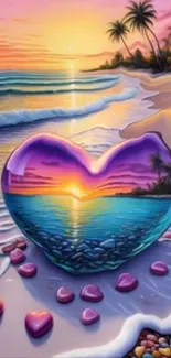 Heart-shaped tropical sunset on a serene beach with vibrant colors and palm trees.
