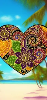 Tropical beach wallpaper with mandala heart design and palm trees.