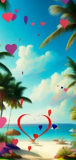 Tropical beach wallpaper with hearts and palm trees over a blue sky.