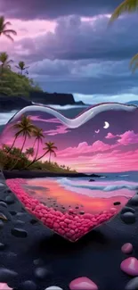 Tropical heart-shaped beach scene with palm trees and pink sunset.