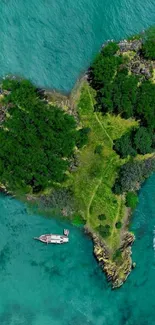 Aerial view of heart-shaped island with boat nearby.