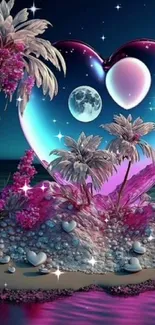 Mobile wallpaper of a tropical scene with heart-shaped moon and vibrant colors.