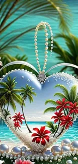 Tropical heart-shaped paradise with palm trees and flowers.