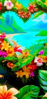 Heart of colorful flowers framing a beach