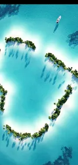 Aerial view of a heart-shaped island in turquoise waters.