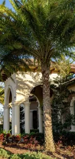 Palm trees and house in tropical setting with clear sky.