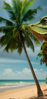 Iguana and palm trees on tropical beach wallpaper.