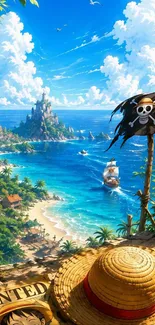 Pirate-themed tropical island with ship and flag.