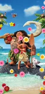 Tropical island scene with animated characters.