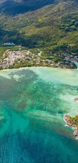 Stunning aerial view of a tropical island with turquoise waters and lush greenery.