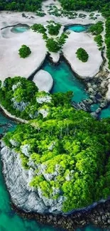 Aerial view of tropical island with lush greenery and turquoise waters.