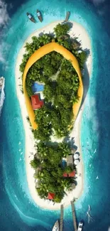 Aerial view of a tropical island surrounded by turquoise waters and green vegetation.