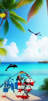 Colorful tropical island scene with animals.