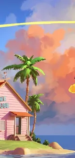 Anime island with a tropical house and sunset sky.