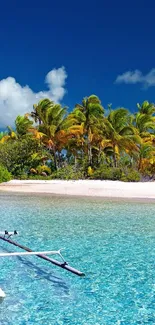 Tropical island beach with palm trees, blue water, and clear sky mobile wallpaper.