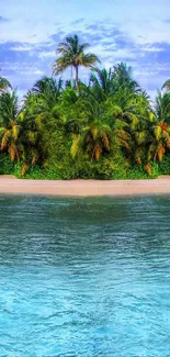 Tropical island beach with palm trees and blue ocean water.