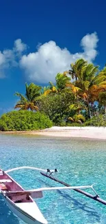 Tropical island with palm trees and blue ocean.