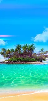 Tropical island with palm trees and blue ocean under a clear sky.