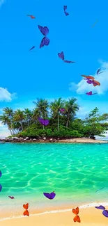 Tropical island with palm trees and turquoise water under blue sky.