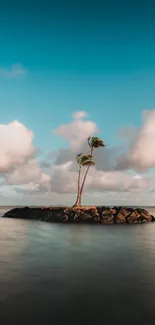 Small island with palm trees in serene ocean under blue sky.