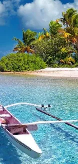 Tropical boat on serene blue waters with lush palm trees in background.