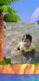 A toddler on a tropical island with palm trees and an ocean backdrop.