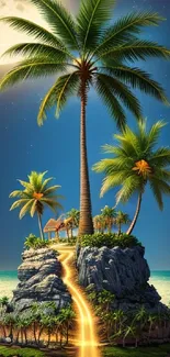 Tropical island with palms under a full moon.