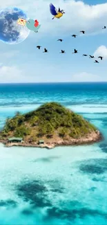 Tropical island with turquoise waters and birds under a dreamy sky.