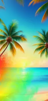 Tropical beach wallpaper with teal ocean, palm trees, and sunset colors.