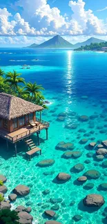 Serene tropical island with crystal waters and a thatched hut.