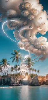 Fantasy art of a tropical island with dramatic clouds and ocean view.