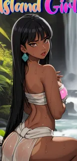 Anime style island girl by waterfall with tropical surroundings.