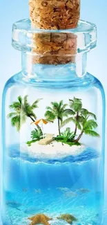 Tropical island with palm trees inside a glass bottle on a light blue background.