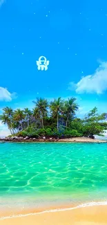 Tropical island with palm trees and turquoise ocean under a blue sky.