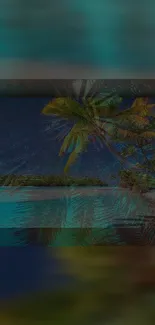 Tropical island night scene with palm trees and ocean view.