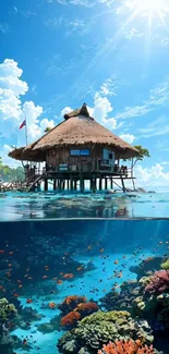 Tropical overwater bungalow with coral reef under sunny skies.