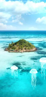 Tropical island surrounded by turquoise ocean under a sunny sky.