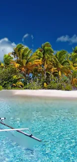 Tropical island with boat and clear blue water, perfect for mobile wallpaper.