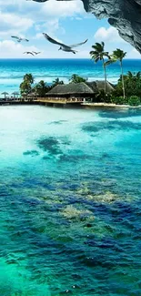Tropical island with turquoise water and palm trees.