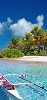 Serene tropical island with boat, clear water, and palm trees under a blue sky.