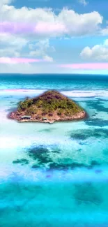 Turquoise ocean with small scenic island under a clear sky