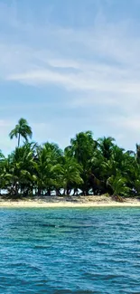 Tropical island with palm trees surrounded by blue ocean under a clear sky.