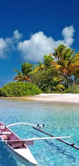 Calm tropical island with clear water and lush palm trees under a vibrant blue sky.