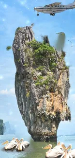 Tropical paradise with rock formation, pelicans, and plane in blue sky.