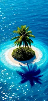 A small tropical island with palm trees surrounded by blue ocean.