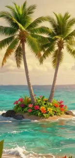 Tropical island with palm trees and flowers on a sunny beach.