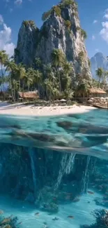 Scenic tropical island with clear blue water and palm trees.